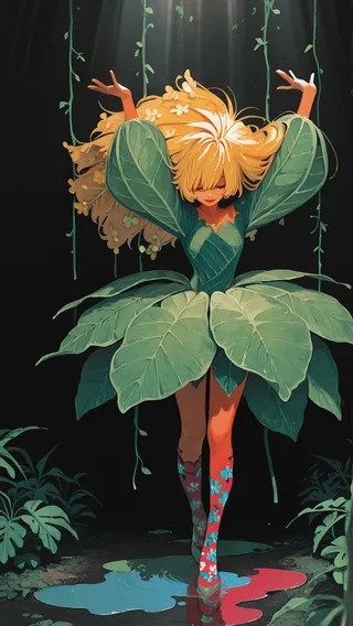 A confident blonde plant girl wearing a dress made of large green leaves and floral thighhighs stands with arms raised amid hanging vines and puddles reflecting colorful light rays.