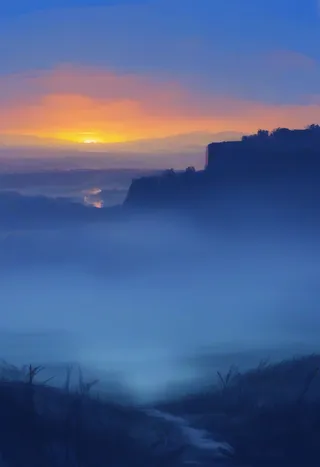 A serene landscape at sunset featuring a beautiful blue sky, layers of fog over distant mountains, and a winding river below.