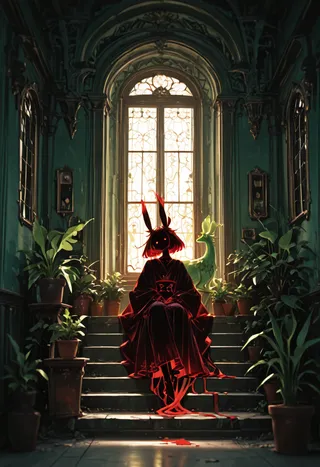 Silhouetted fantasy creature with red glowing eyes and flowing cloak sitting on stairs surrounded by potted plants in a gothic interior with a large decorative window backlighting the scene.