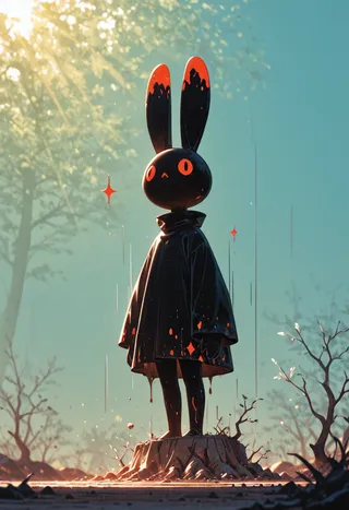 A black rabbit figure with glowing orange eyes and ears, wearing a dark cloak, standing on a tree stump with sunlight filtering through trees in a surreal fantasy setting.