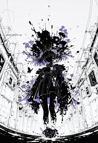 Black and white anime silhouette of a girl with purple flowers, ink splatters, and butterflies in an urban street setting with high contrast and geometric style.