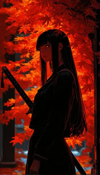 A tall girl with long straight black hair and gold eyes stands carrying a Japanese sword, wearing a black serafuku school uniform. She is surrounded by vibrant red autumn leaves with cinematic lighting and a blurred background.