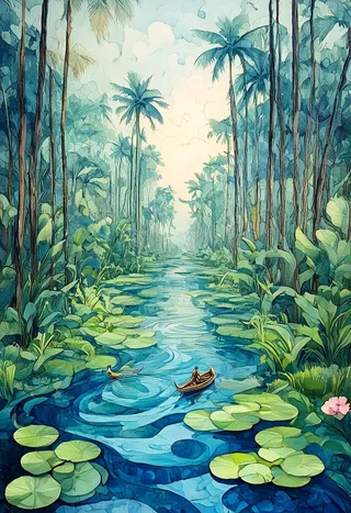 Surreal ink and watercolor illustration of Kerala backwaters with tall palm trees, a winding waterway filled with water lilies and a lone canoe with a person, lush green plants along the banks.