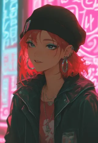 Close-up of an alternative girl with red hair wearing a black beanie and jacket, illuminated by vibrant neon lights, with detailed accessories and makeup.