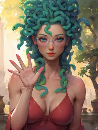 A detailed digital artwork of a woman with green snake hair, wearing glasses and a red dress, waving at the viewer in a serene garden setting.