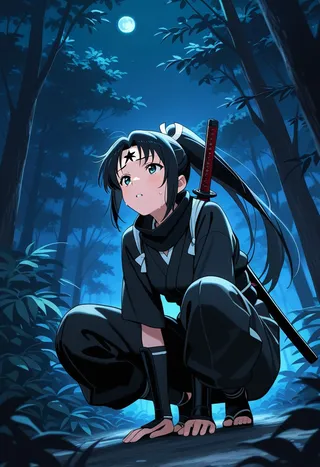 Anime style ninja girl crouching on a rock at night in a dense jungle, illuminated by moonlight, wearing a black stealth outfit with katana on her back.