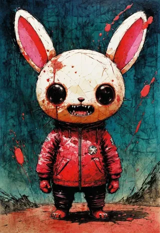 Kawaii revenge rabbit character with large eyes, red blood-stained jacket, and sharp teeth standing against a dark textured background with splattered red paint.