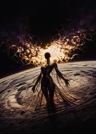 A cosmic woman with flowing hair stands on the surface of a planet, glowing light and intricate details surround her against a dark space background.
