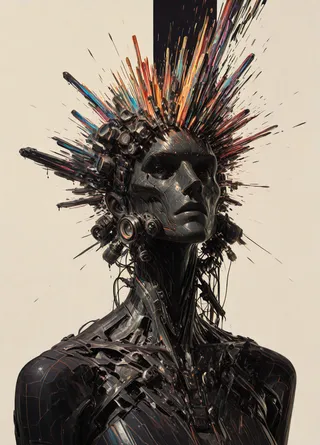 High detail cyberpunk robotic woman portrait with abstract colorful spikes protruding from the head.
