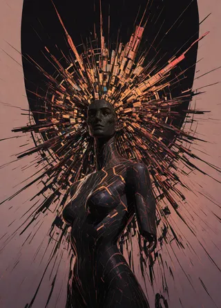 A dark cyberpunk female figure with digital fragmentation and an abstract, radiant halo of orange and black shards behind her.