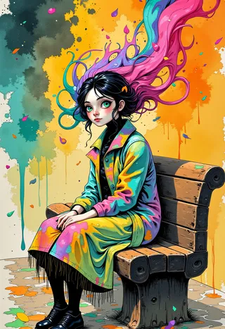A girl with vivid magenta and turquoise hair wearing a colorful coat, sitting on a wooden bench with a background of whimsical rainbow paint splashes.