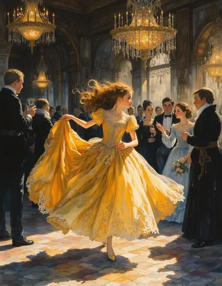 A radiant young princess in a golden opulent gown twirls in a grand ballroom illuminated by glowing chandeliers, surrounded by elegantly dressed guests.