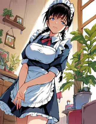 Anime-style illustration of a blue-eyed maid with black twin braids wearing a traditional maid outfit with apron and headdress inside a bright living room with plants and shelves.