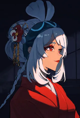 Profile portrait of a female geisha with white hair styled in twin braids and adorned with a kanzashi hair ornament, wearing a red kimono indoors under dim lighting.