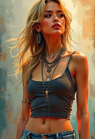 Photorealistic image of a young blonde woman wearing a fitted tank top, denim shorts, layered necklaces and earrings, with directional lighting and an abstract background.