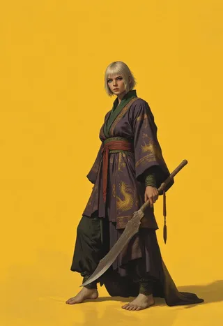 A poised woman warrior with ash-blonde bob haircut wearing a deep purple kimono embroidered with golden phoenix motifs, holding a large intricately etched halberd, standing barefoot against a flat yellow background.