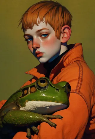Hyper-realistic portrait of a boy with blue eyes and freckles, cradling a large green frog, wearing an orange jacket against an olive green background.