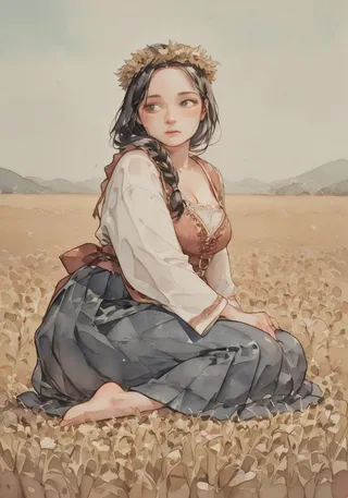 A woman in folk clothing with thick braided black hair sits barefoot in a golden rye field under a clear sky, rendered in delicate watercolor with pastel shades and detailed eyes.