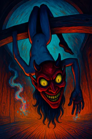 A figure with a glossy crimson devil mask and yellow eyes hangs inverted by knees over a wooden beam, surrounded by neon-noir shadows and pixelated smoke.
