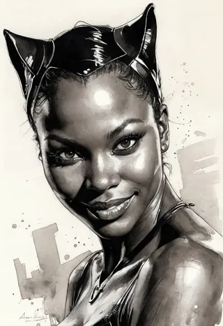 Hyper detailed black and white ink sketch portrait of an African woman as Catwoman, smiling and looking at the viewer, with a watercolor fill and neutral white background.