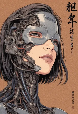 Close-up watercolor and acrylic portrait of a cyberpunk woman with mechanical exoskeleton integrated into her skin, black hair, and Japanese text on background.