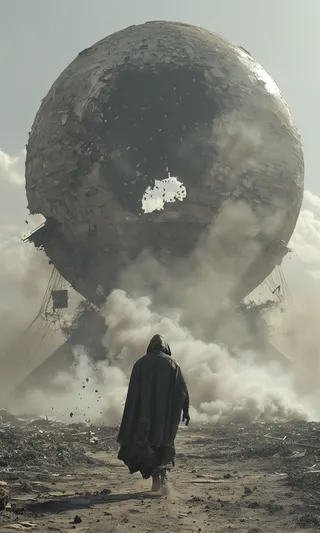 A lone hooded figure walks away from a massive, partially collapsed dome surrounded by debris and smoke in a barren, desolate landscape.