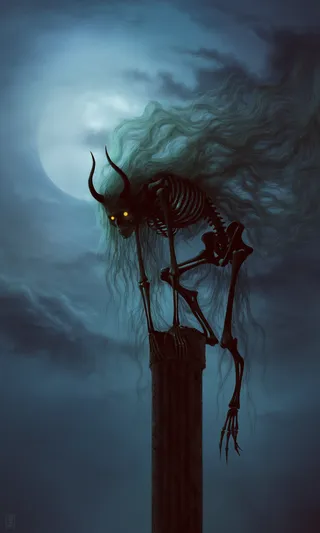 Dark digital painting of a skeletal horned creature with flowing ethereal hair crawling down a pillar, glowing eyes piercing through a stormy moonlit night sky.
