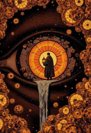 A surreal giant eye with an amber cityscape in the iris, a figure in a black and white striped suit holding a lantern inside the pupil, surrounded by melting clocks and floating geometric shapes.