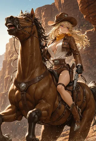Dynamic scene of a cowgirl in a brown jacket and cowboy hat, riding a galloping horse through a canyon, holding a drawn gun.