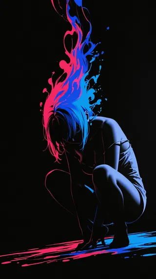 A dark, surreal artwork featuring a crouching female figure with vibrant red and blue paint splashes flowing upward from her hair, highlighted by sidelighting.