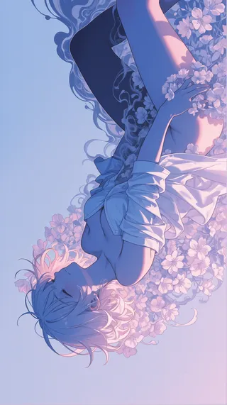 Upside-down surreal scene with a partially undressed person surrounded by pastel pink flowers and soft sidelighting shadows.