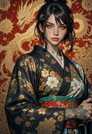 A detailed digital artwork of a young woman with pale skin and blue eyes wearing a black kimono adorned with colorful floral patterns, holding a katana against a golden dragon tapestry background.