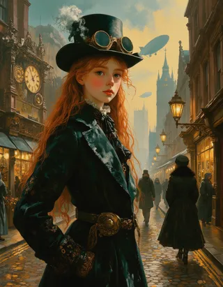 Hyper-realistic oil painting of a regal 12-year-old steampunk princess in a Victorian London street with towering clock towers, airships, and brass machinery.