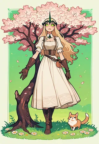 A fantasy illustration of a young woman with long blonde hair and glowing green eyes standing by a cherry blossom tree, wearing a medieval-style white dress with leather gloves and boots, accompanied by a small brown and white dog amid meadow flowers.