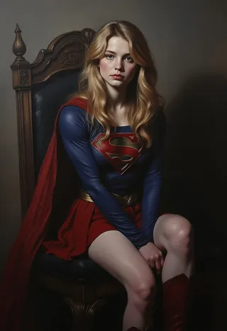 Hyper-realistic oil painting portrait of Supergirl sitting on a chair with dramatic lighting, wearing her iconic blue costume with red cape, showing emotional intensity.