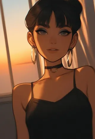 Portrait of a young woman with black hair wearing a black nightgown and choker, bathed in warm sunset light with hoop earrings and smokey eyes.