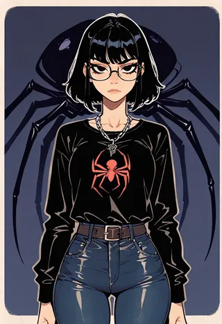 Illustration of an edgy character with short black hair, glasses, a chain necklace with a pendant, black long-sleeved top featuring a red spider design, and dark blue jeans.