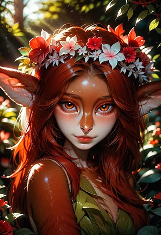 Close-up of a faun girl with long red hair adorned with a white flower wreath and red flowers, large deer horns, set in a garden background with cinematic lighting.