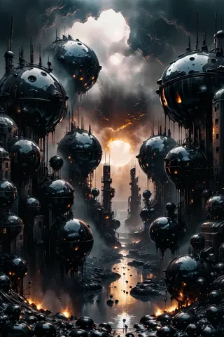 Dystopian alien city with domed buildings covered in shiny wet motor oil and brutalist architecture, under a bright overexposed sky with fiery oily explosions.