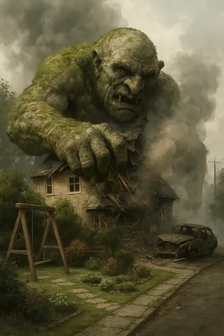A hyper realistic giant stone troll covered in moss crushing a house with its massive hand amidst a garden with a swing, a wrecked car, and smoke billowing from destruction.