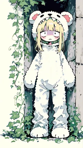 A blonde girl with a tooth gap wearing a white teddy bear costume surrounded by green leaves and vines against a wall, rendered in a painterly style.