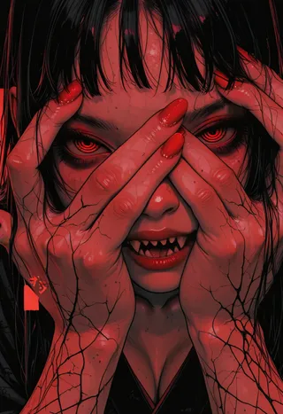 Close-up digital illustration of a horror-themed woman with glowing red eyes, sharp teeth, and red nail polish, wearing a dark kimono with a red sash.