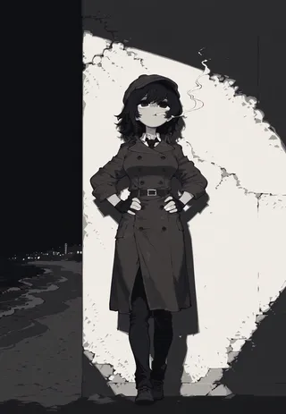 Black and white illustration of a noir detective girl in a trench coat smoking a cigarette, standing against a cracked wall at night with a city beach background.