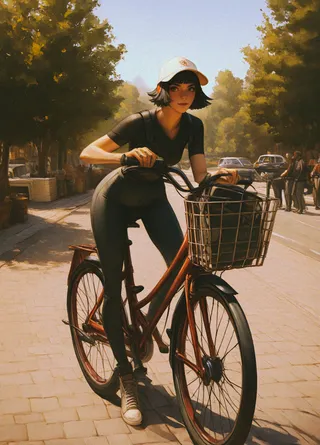 A realistic digital artwork of a young girl with short black hair and a white baseball cap riding a bicycle down a sunny street lined with trees.