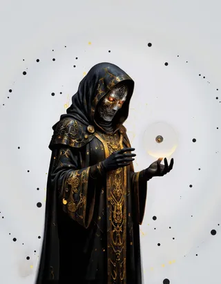 Digital illustration of a mysterious figure in a dark, elaborately decorated hooded cloak holding a glowing orb, with glowing red eyes and a metallic mask against a sci-fi light grey background with black dots.