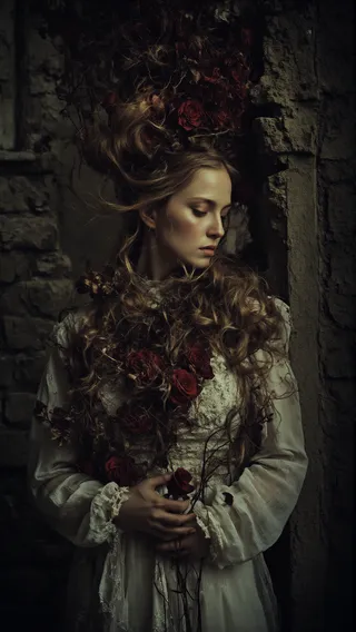 A woman in a vintage white dress with curly hair adorned with red roses, posed in moody lighting against a textured stone wall.