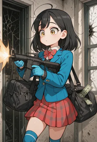 Anime-style girl wearing a blue jacket and red plaid skirt firing an AR-15 rifle indoors near broken windows, carrying black duffle bags with money visible, wearing blue gloves and striped bowtie.