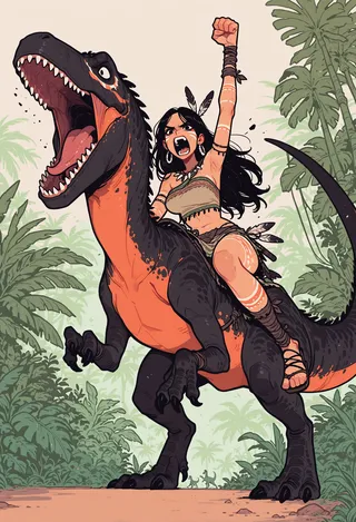 A fierce woman with black long hair and tribal warpaint yells and raises her fist while riding a large black and orange T-Rex in a jungle setting, illustrated in flat vector style.