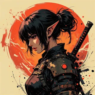 A detailed inksplash depiction of a female elf samurai in traditional Japanese armor, holding a katana sword with a red circle background resembling a shinto shrine symbol.