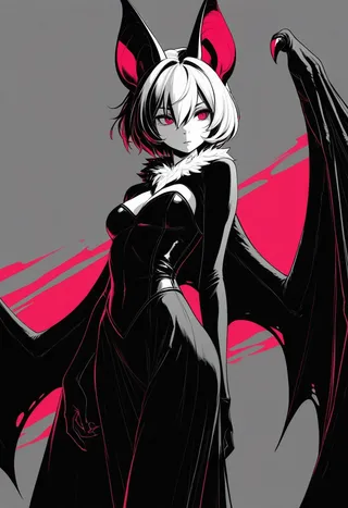 Stylized illustration of a slender bat girl with large arm wings, short white and black hair, bat ears, and striking red eyes against a gray and bright pink background